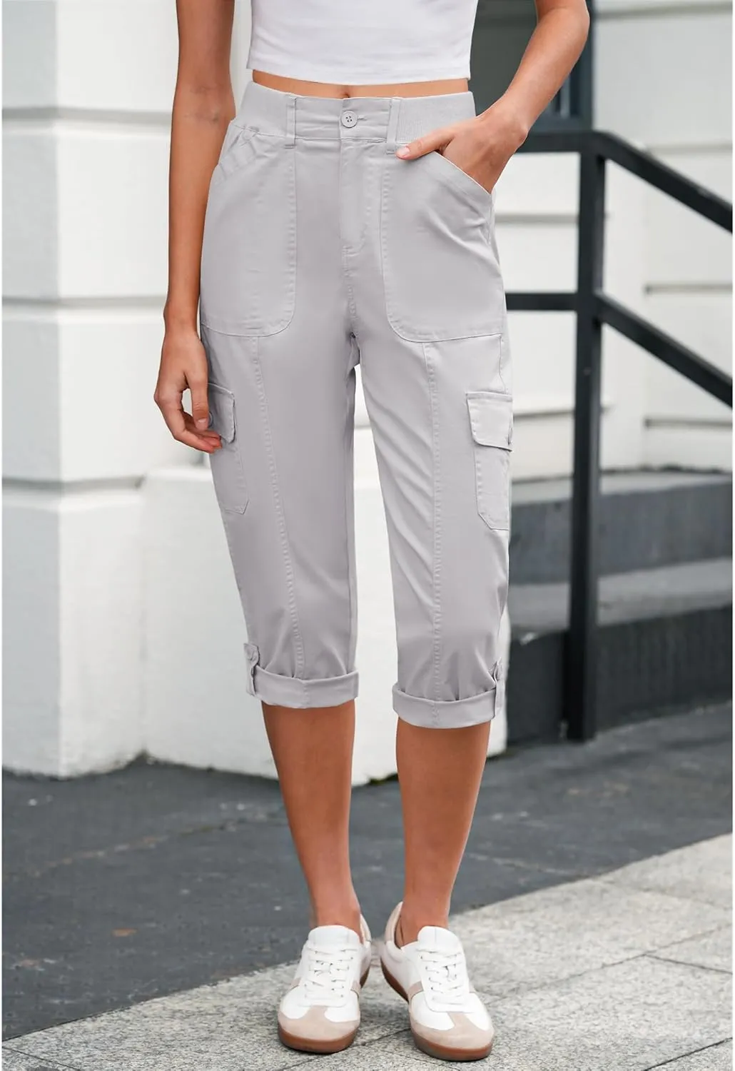 LookbookStore Capri Pants for Women High Waisted Cargo Casual Elastic Waist Rolled Hem Summer Capris Pants with Pockets