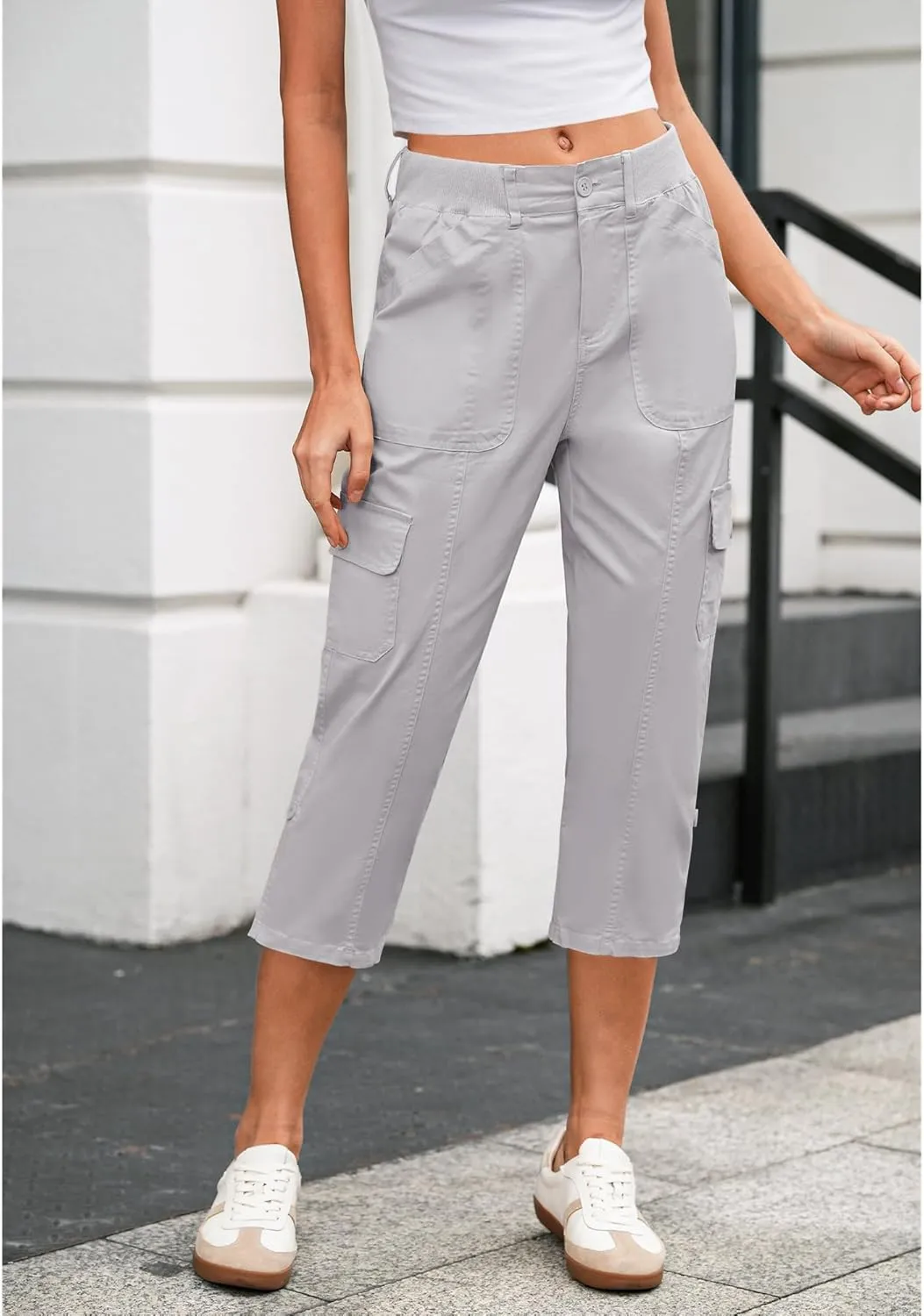 LookbookStore Capri Pants for Women High Waisted Cargo Casual Elastic Waist Rolled Hem Summer Capris Pants with Pockets