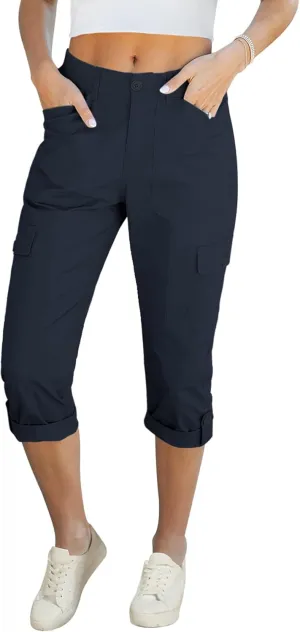 LookbookStore Capri Pants for Women High Waisted Cargo Casual Elastic Waist Rolled Hem Summer Capris Pants with Pockets