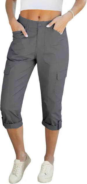 LookbookStore Capri Pants for Women High Waisted Cargo Casual Elastic Waist Rolled Hem Summer Capris Pants with Pockets