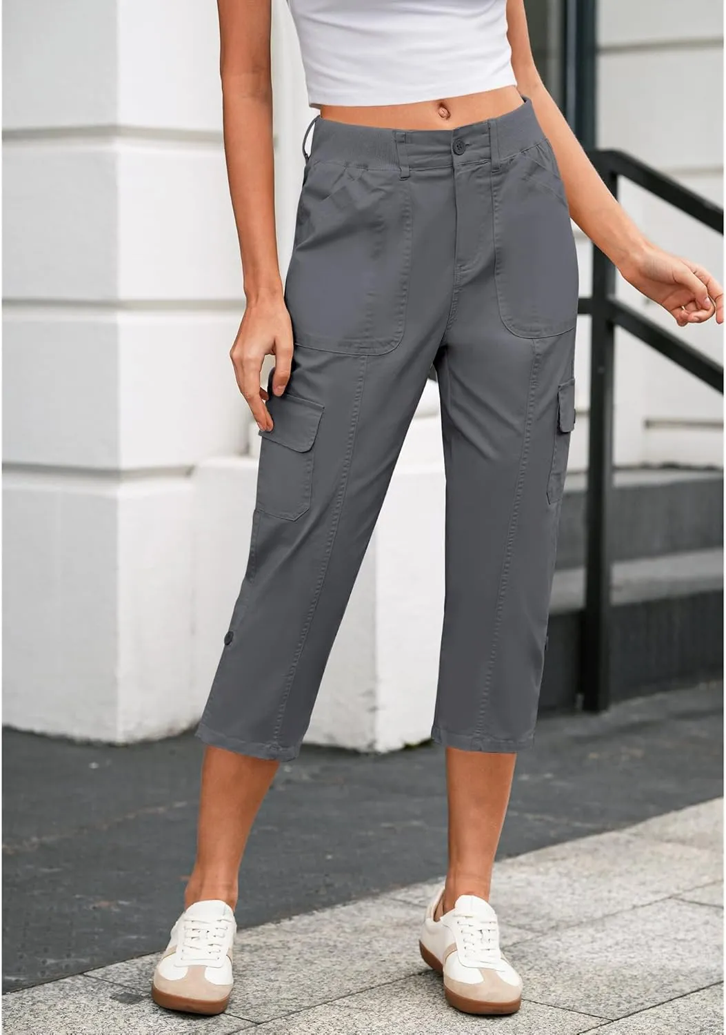 LookbookStore Capri Pants for Women High Waisted Cargo Casual Elastic Waist Rolled Hem Summer Capris Pants with Pockets