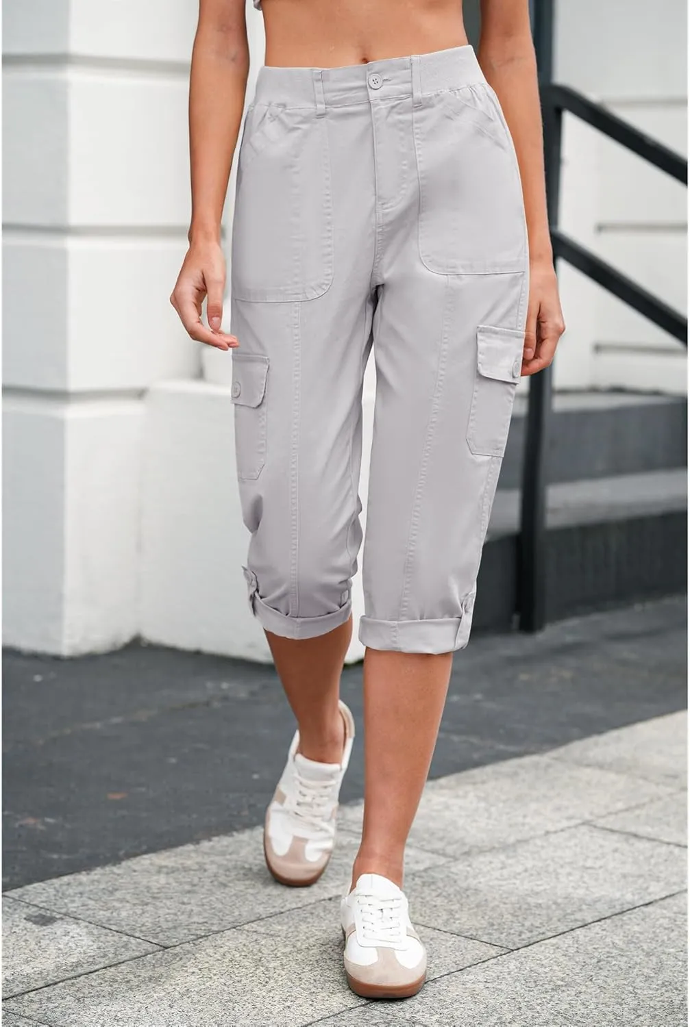 LookbookStore Capri Pants for Women High Waisted Cargo Casual Elastic Waist Rolled Hem Summer Capris Pants with Pockets