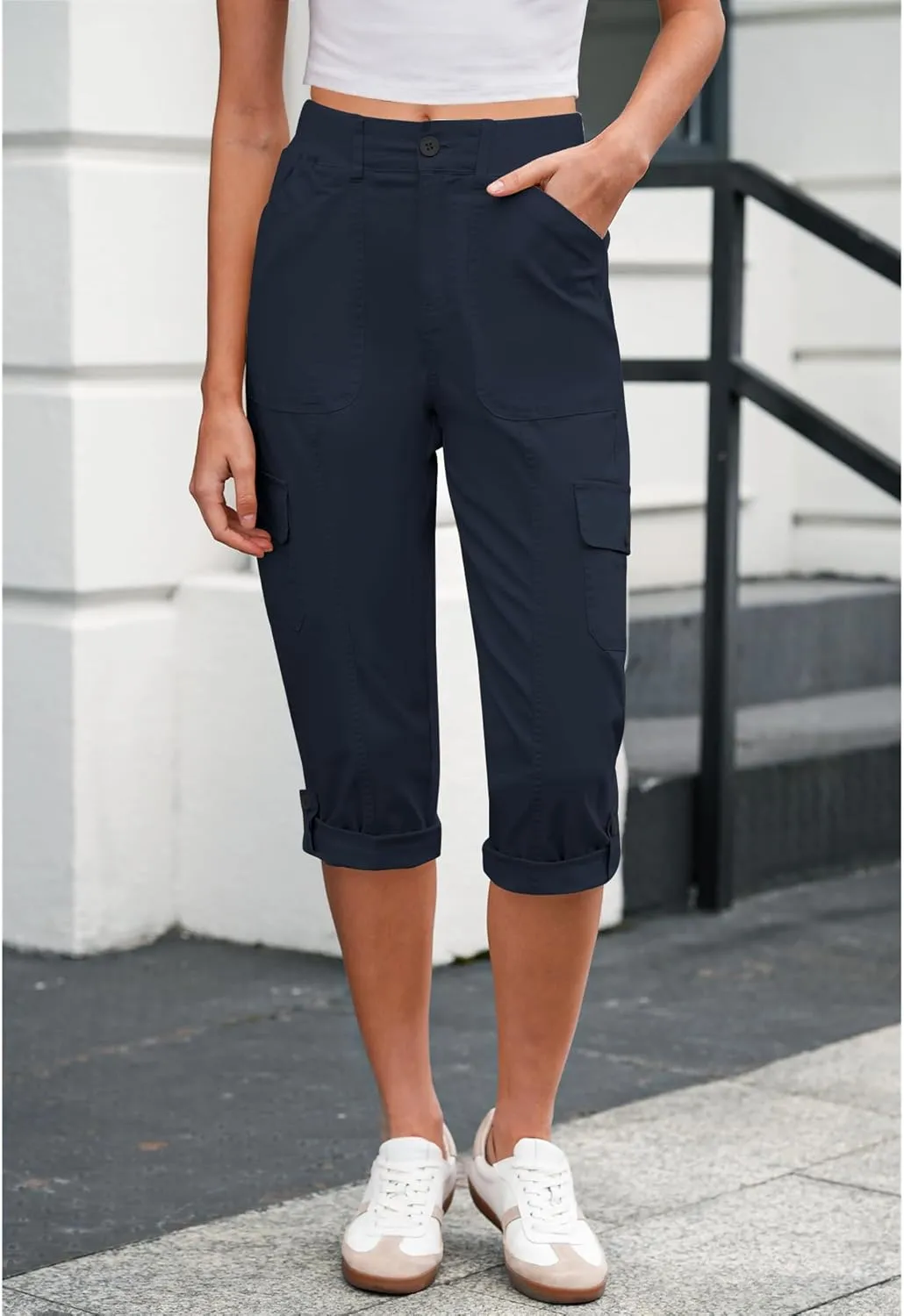 LookbookStore Capri Pants for Women High Waisted Cargo Casual Elastic Waist Rolled Hem Summer Capris Pants with Pockets