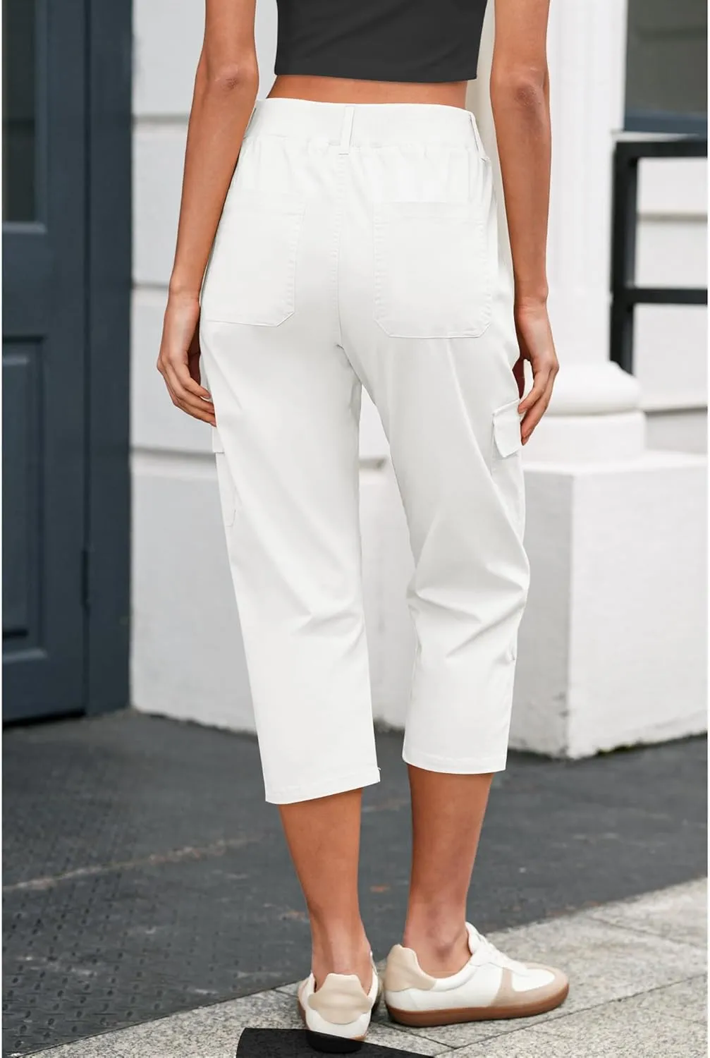 LookbookStore Capri Pants for Women High Waisted Cargo Casual Elastic Waist Rolled Hem Summer Capris Pants with Pockets