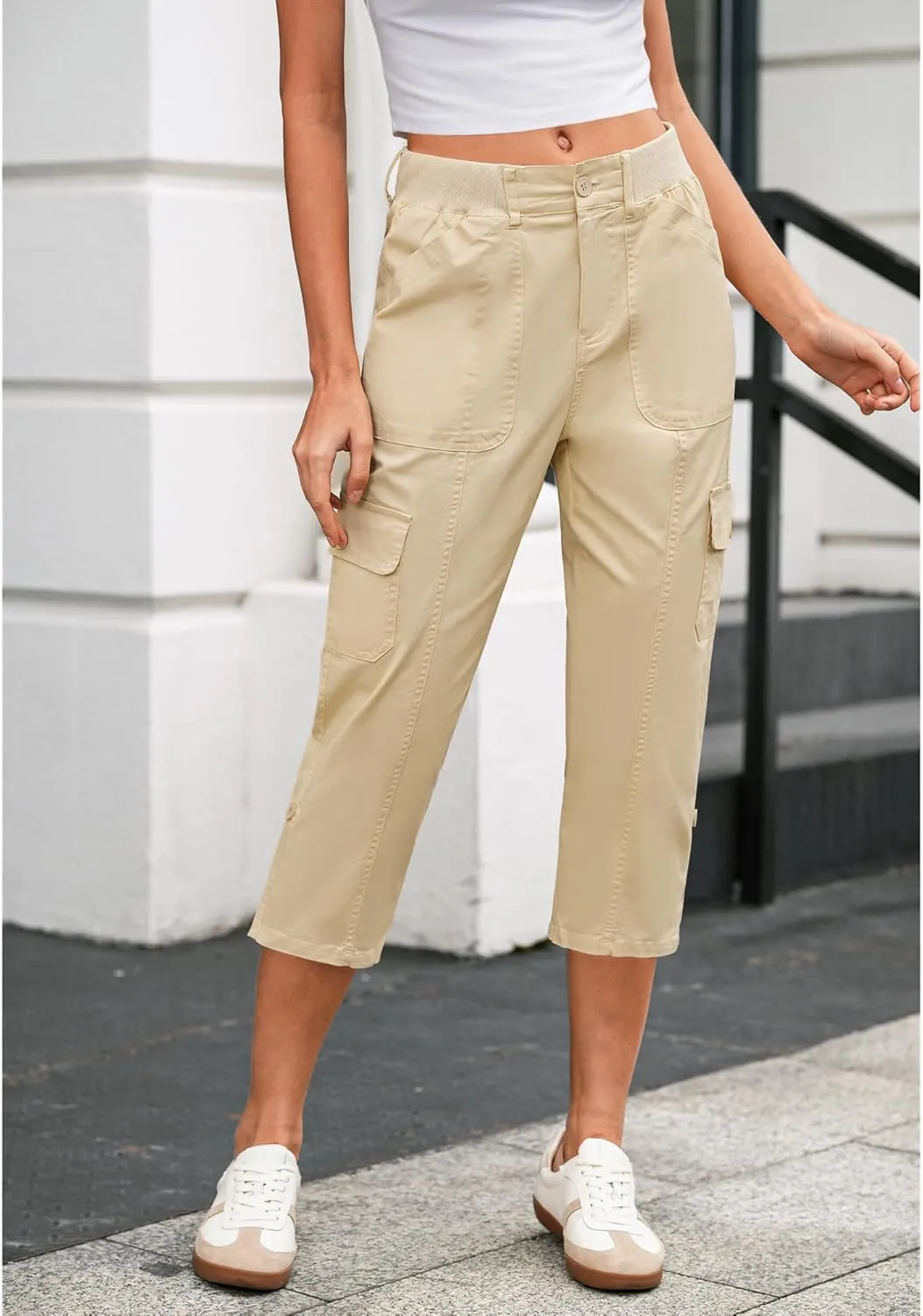LookbookStore Capri Pants for Women High Waisted Cargo Casual Elastic Waist Rolled Hem Summer Capris Pants with Pockets