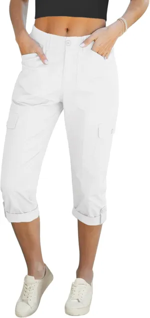 LookbookStore Capri Pants for Women High Waisted Cargo Casual Elastic Waist Rolled Hem Summer Capris Pants with Pockets