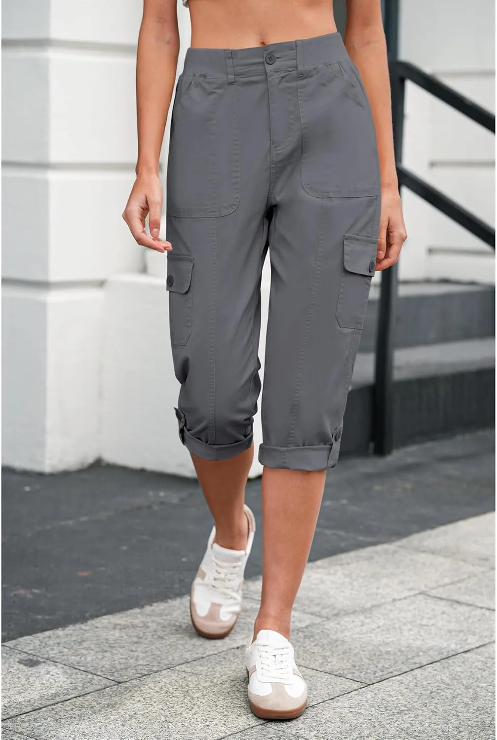 LookbookStore Capri Pants for Women High Waisted Cargo Casual Elastic Waist Rolled Hem Summer Capris Pants with Pockets