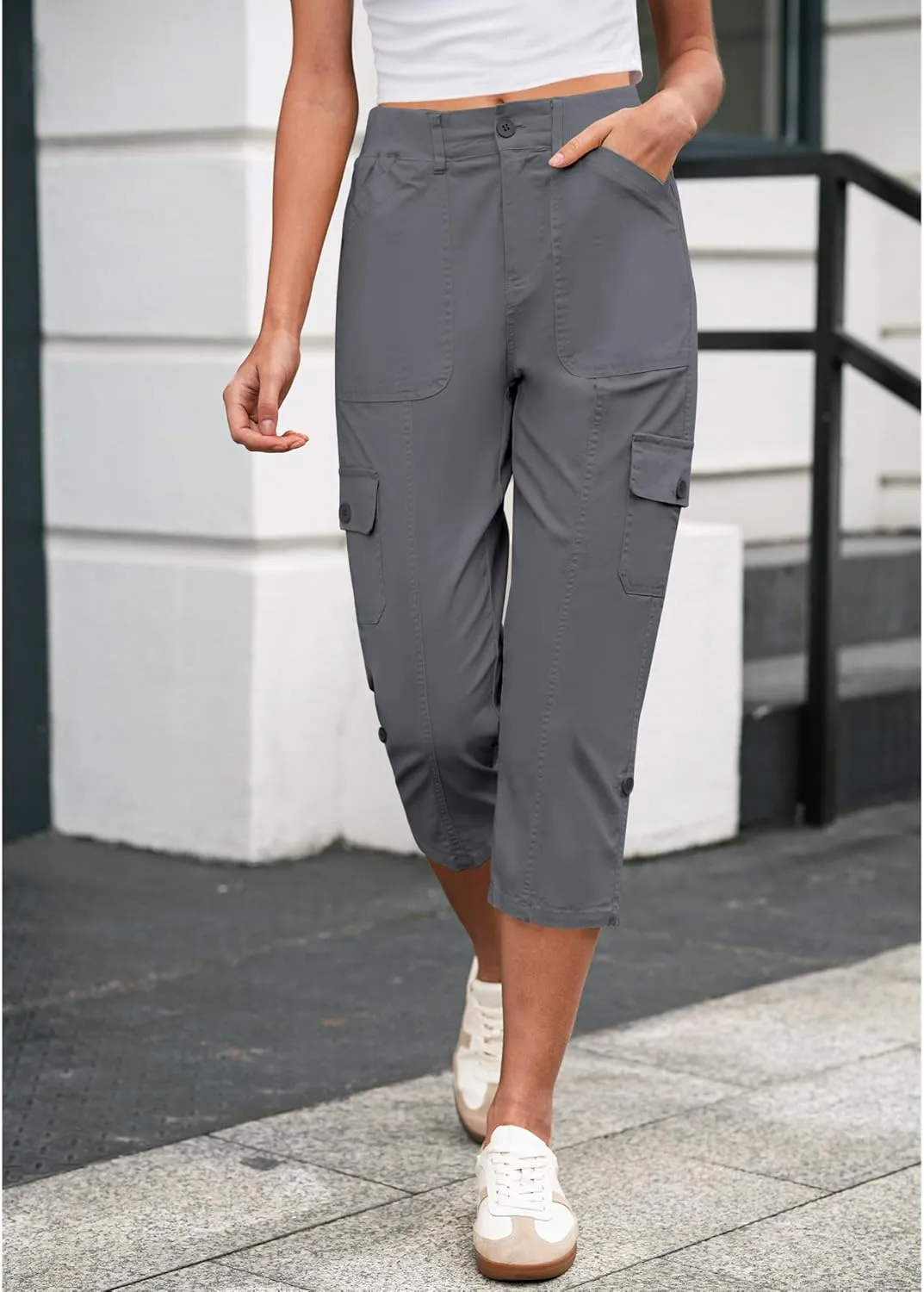 LookbookStore Capri Pants for Women High Waisted Cargo Casual Elastic Waist Rolled Hem Summer Capris Pants with Pockets