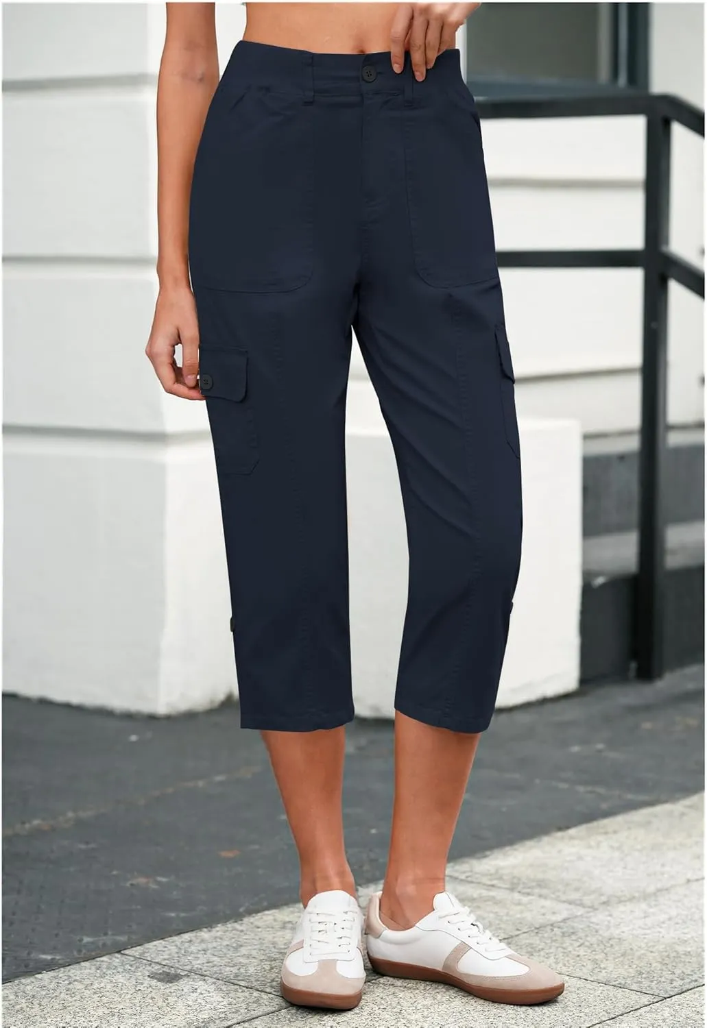 LookbookStore Capri Pants for Women High Waisted Cargo Casual Elastic Waist Rolled Hem Summer Capris Pants with Pockets