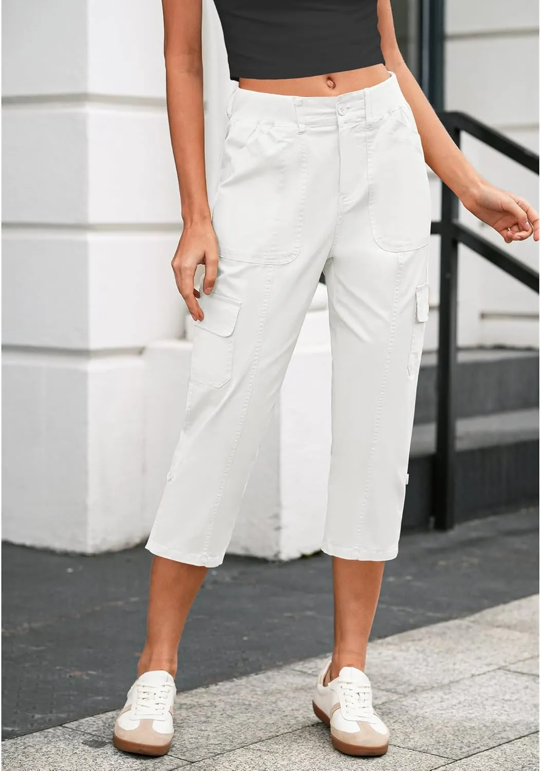 LookbookStore Capri Pants for Women High Waisted Cargo Casual Elastic Waist Rolled Hem Summer Capris Pants with Pockets