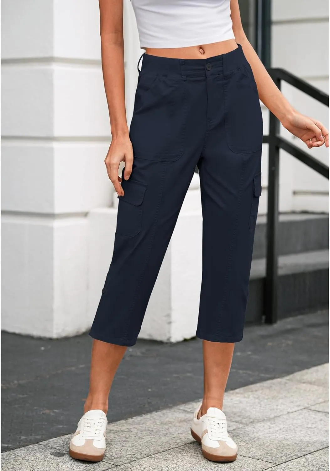 LookbookStore Capri Pants for Women High Waisted Cargo Casual Elastic Waist Rolled Hem Summer Capris Pants with Pockets