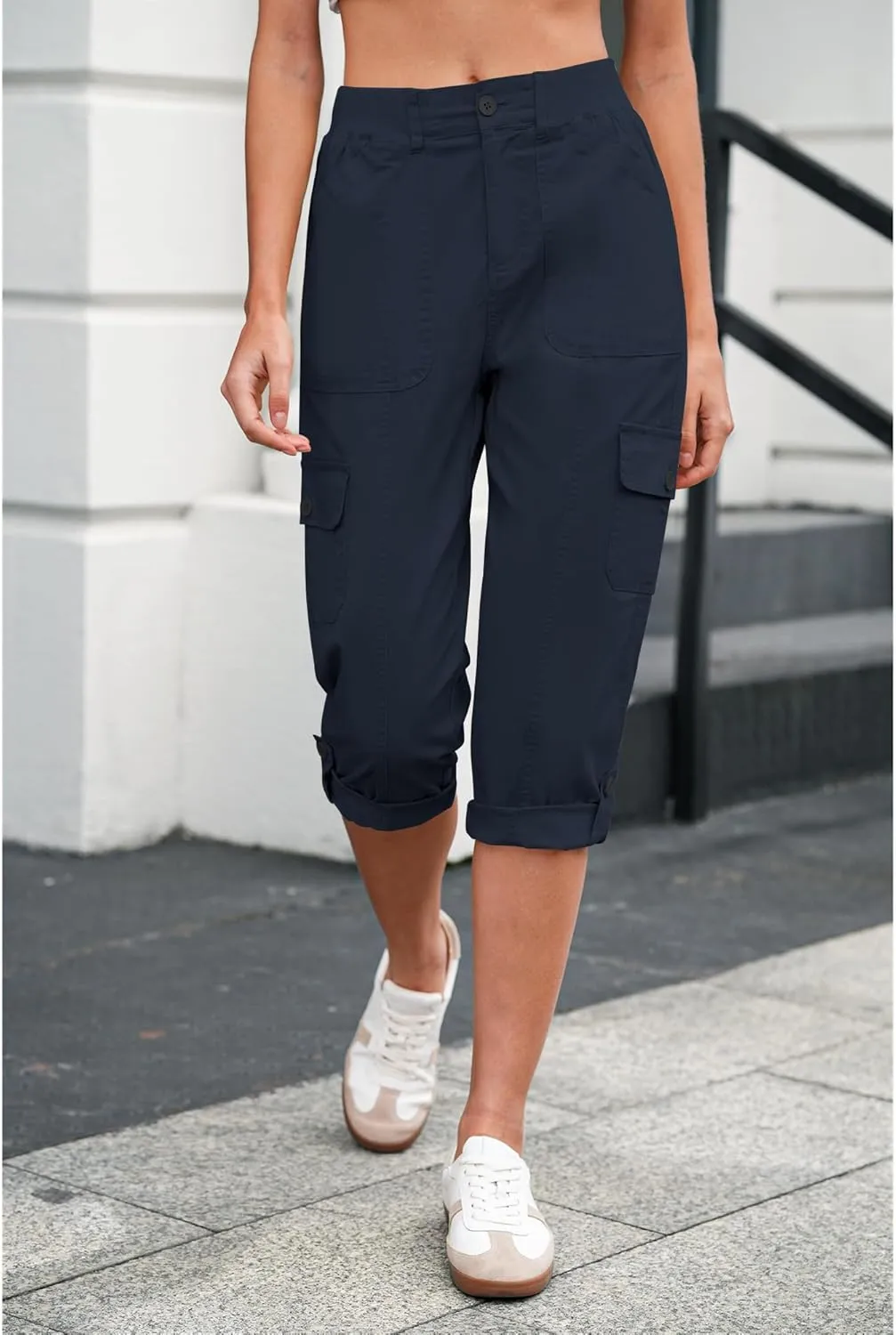 LookbookStore Capri Pants for Women High Waisted Cargo Casual Elastic Waist Rolled Hem Summer Capris Pants with Pockets