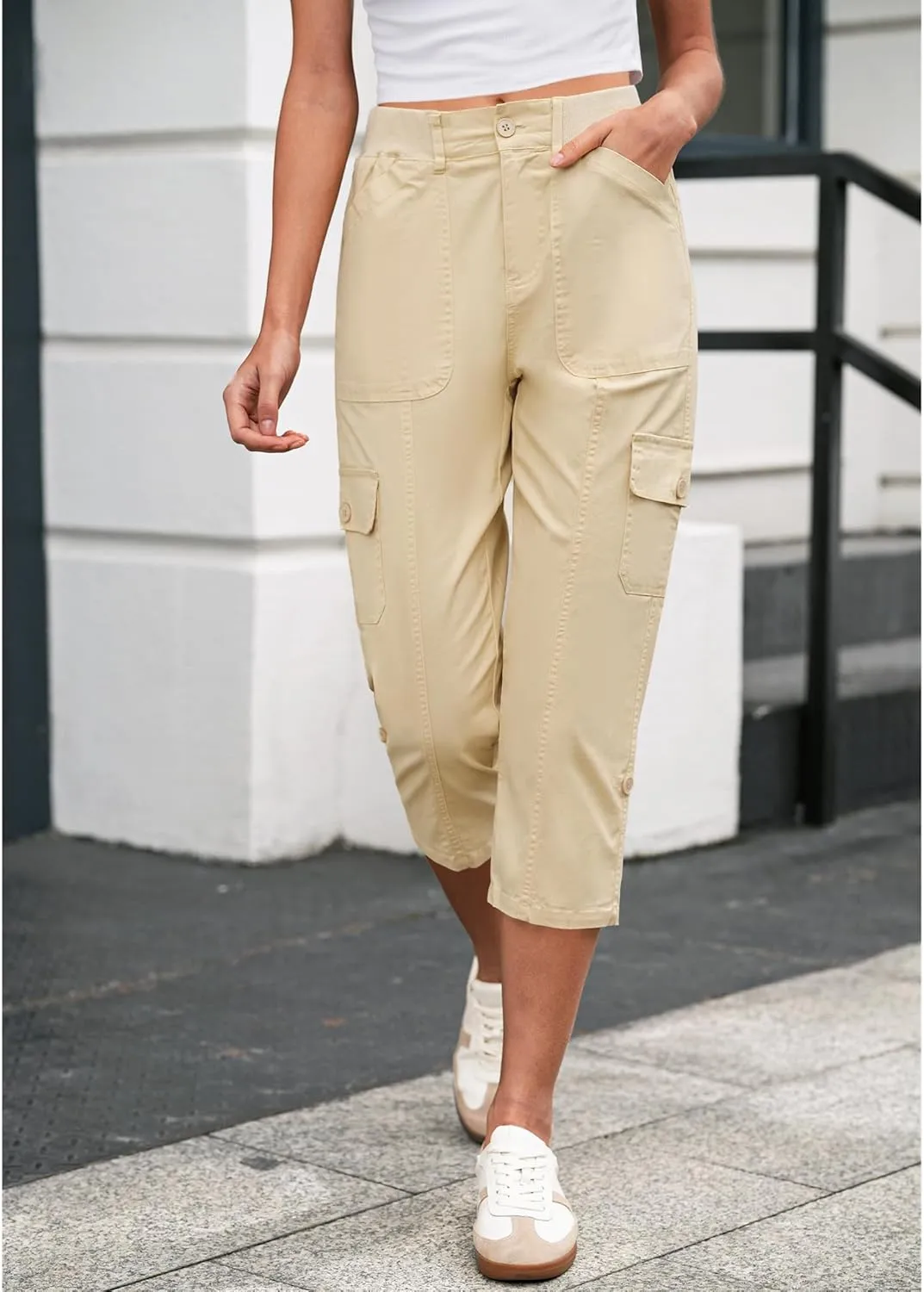 LookbookStore Capri Pants for Women High Waisted Cargo Casual Elastic Waist Rolled Hem Summer Capris Pants with Pockets