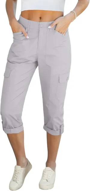 LookbookStore Capri Pants for Women High Waisted Cargo Casual Elastic Waist Rolled Hem Summer Capris Pants with Pockets