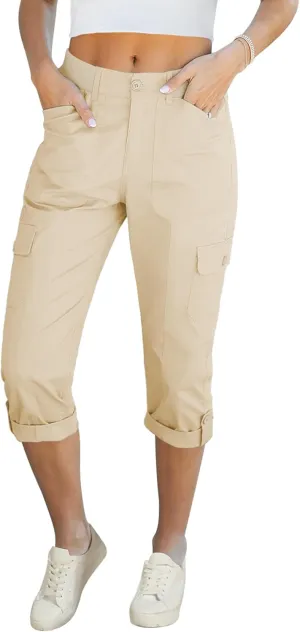LookbookStore Capri Pants for Women High Waisted Cargo Casual Elastic Waist Rolled Hem Summer Capris Pants with Pockets