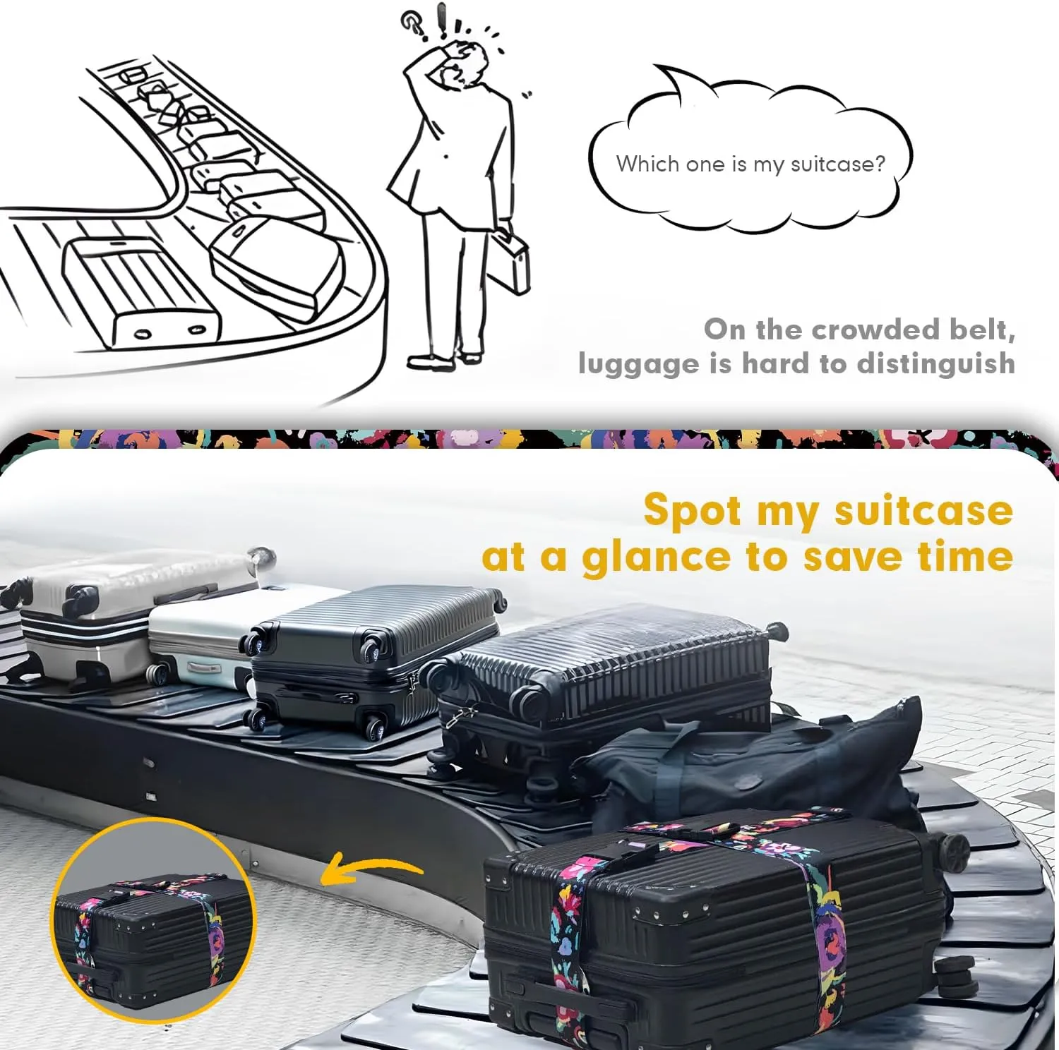 Luggage Straps for Suitcases, Eye-catching Suitcase Strap, Adjustable Travel Belt Accessories Luggage Connector Identifiers Over Handle with Buckle,Suitcase Straps to Hold Suitcases Together (Black)