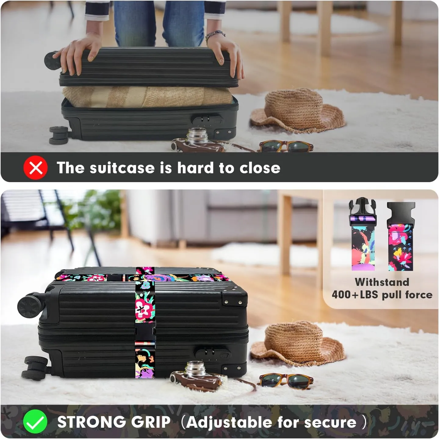 Luggage Straps for Suitcases, Eye-catching Suitcase Strap, Adjustable Travel Belt Accessories Luggage Connector Identifiers Over Handle with Buckle,Suitcase Straps to Hold Suitcases Together (Black)