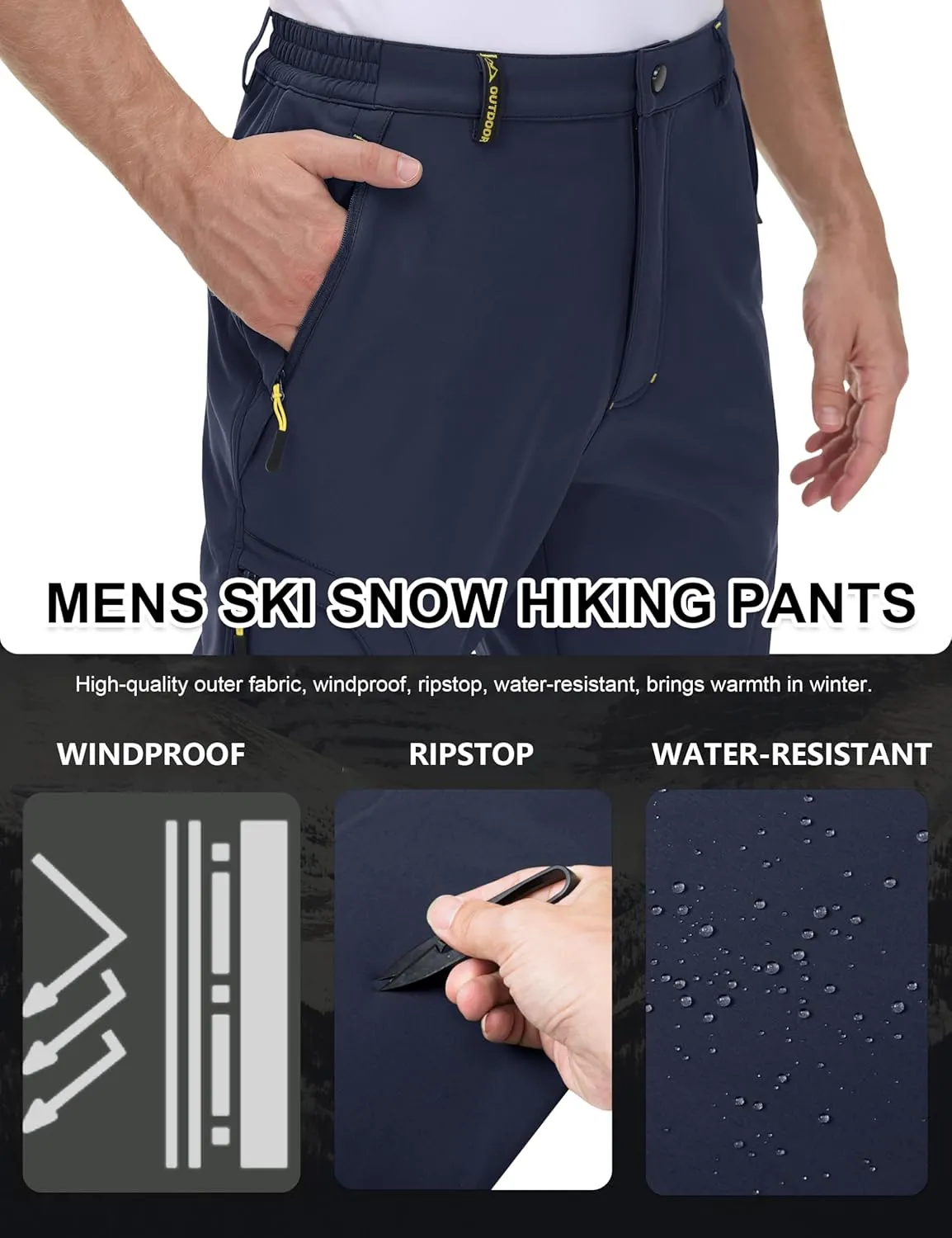 MAGCOMSEN Men's Winter Pants 5 Zip Pockets Snow Ski Pants Fleece Lined Water Resistant Hiking Pants