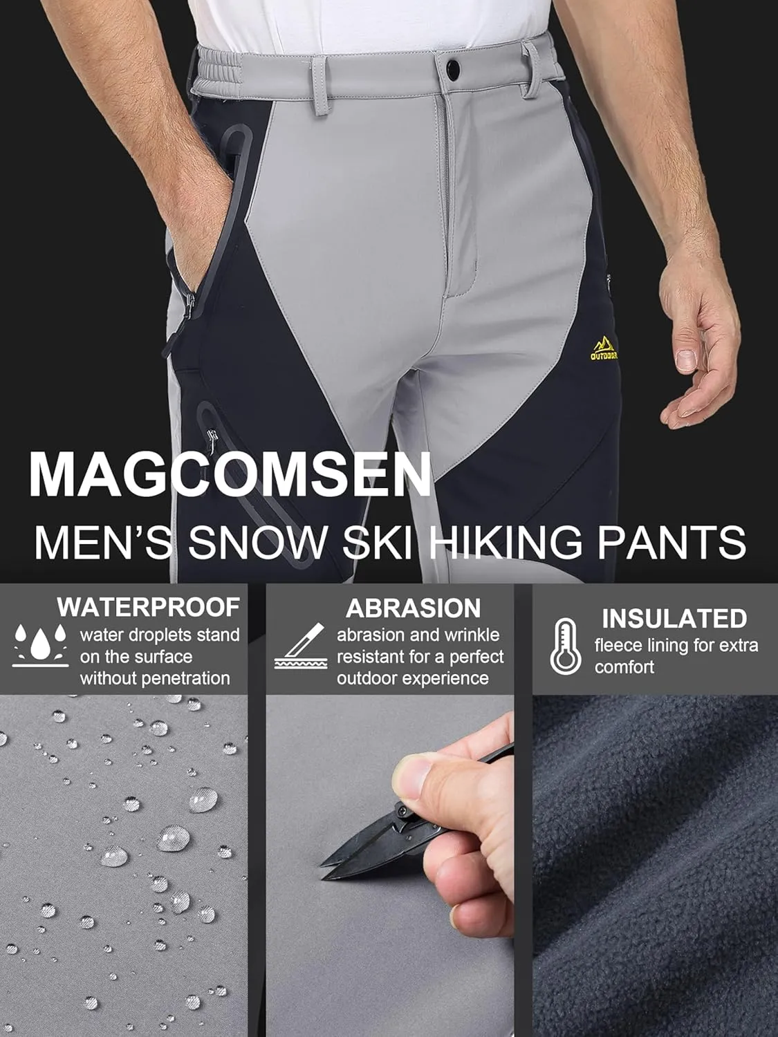 MAGCOMSEN Men's Winter Pants Snow Pants Fleece Lined Water Resistant 4 Zip Pockets Skiing Pants