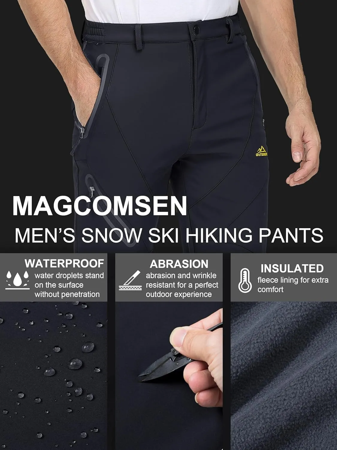 MAGCOMSEN Men's Winter Pants Snow Pants Fleece Lined Water Resistant 4 Zip Pockets Skiing Pants