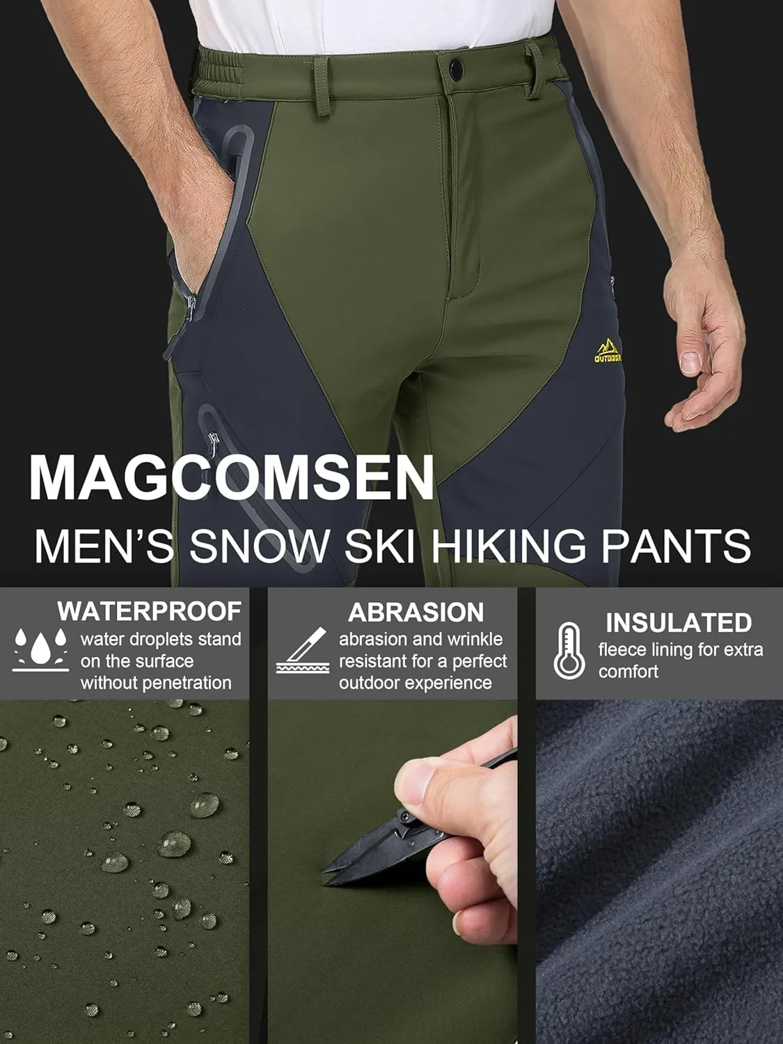 MAGCOMSEN Men's Winter Pants Snow Pants Fleece Lined Water Resistant 4 Zip Pockets Skiing Pants
