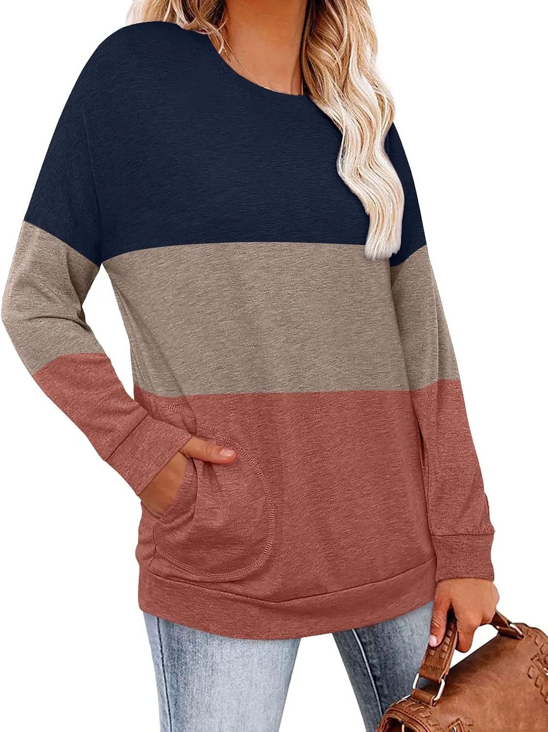 Magritta Womens Tunic Tops Casual Long Sleeve Round Neck Stretchy Loose Fit Sweatshirt Pullover Shirts with Pockets