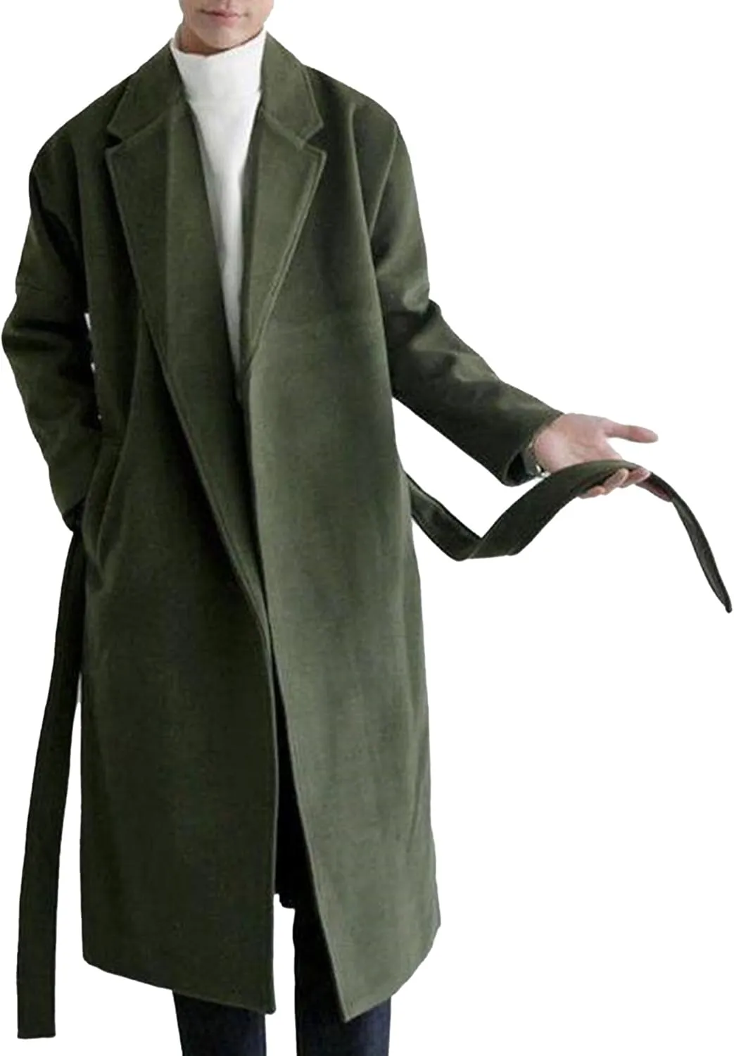 Maiyifu-GJ Men's Loose Belted Wool Blend Peacoat Thick Notch Lapel Long Trench Coats Casual Warm Fashion Overcoat