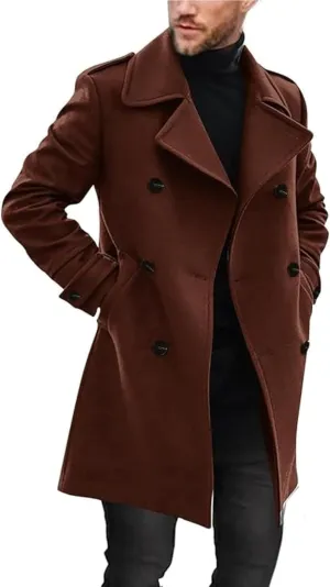 Maiyifu-GJ Men's Loose Belted Wool Blend Peacoat Thick Notch Lapel Long Trench Coats Casual Warm Fashion Overcoat