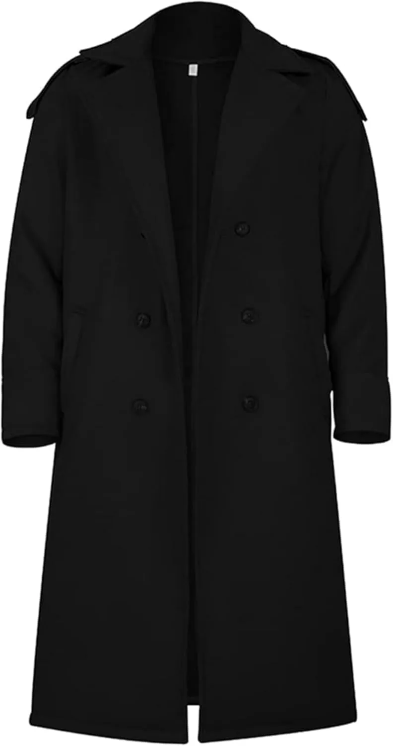 Maiyifu-GJ Men's Loose Belted Wool Blend Peacoat Thick Notch Lapel Long Trench Coats Casual Warm Fashion Overcoat