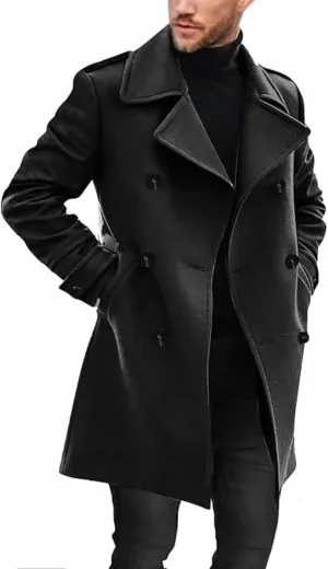 Maiyifu-GJ Men's Loose Belted Wool Blend Peacoat Thick Notch Lapel Long Trench Coats Casual Warm Fashion Overcoat