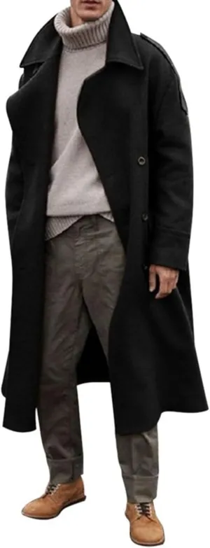 Maiyifu-GJ Men's Loose Belted Wool Blend Peacoat Thick Notch Lapel Long Trench Coats Casual Warm Fashion Overcoat