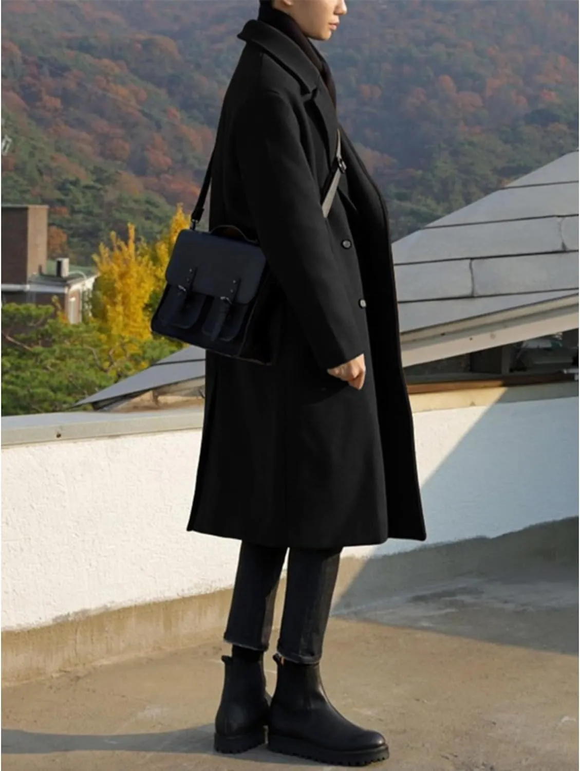 Maiyifu-GJ Men's Loose Belted Wool Blend Peacoat Thick Notch Lapel Long Trench Coats Casual Warm Fashion Overcoat
