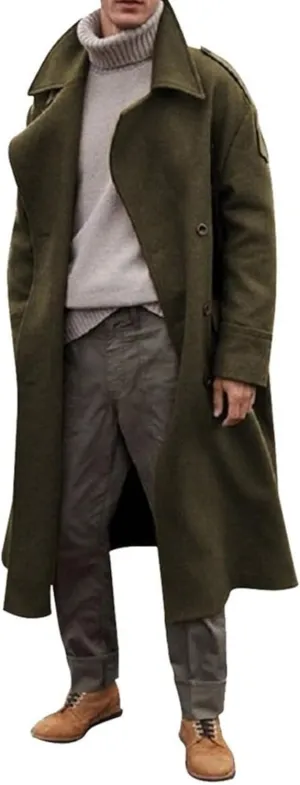 Maiyifu-GJ Men's Loose Belted Wool Blend Peacoat Thick Notch Lapel Long Trench Coats Casual Warm Fashion Overcoat