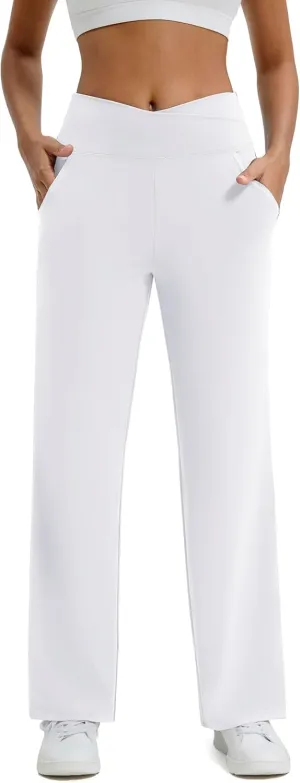 Maxbee Wide Leg Pants for Women Casual Work Pants Crossover High Waisted Yoga Pants with Pockets