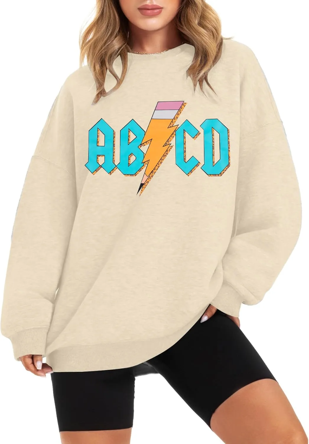 MAXIMGR Teacher Sweatshirt Women Oversized Rock'n Roll Sweatshirt ABCD Alphabet Graphic Back to School Pullover Top
