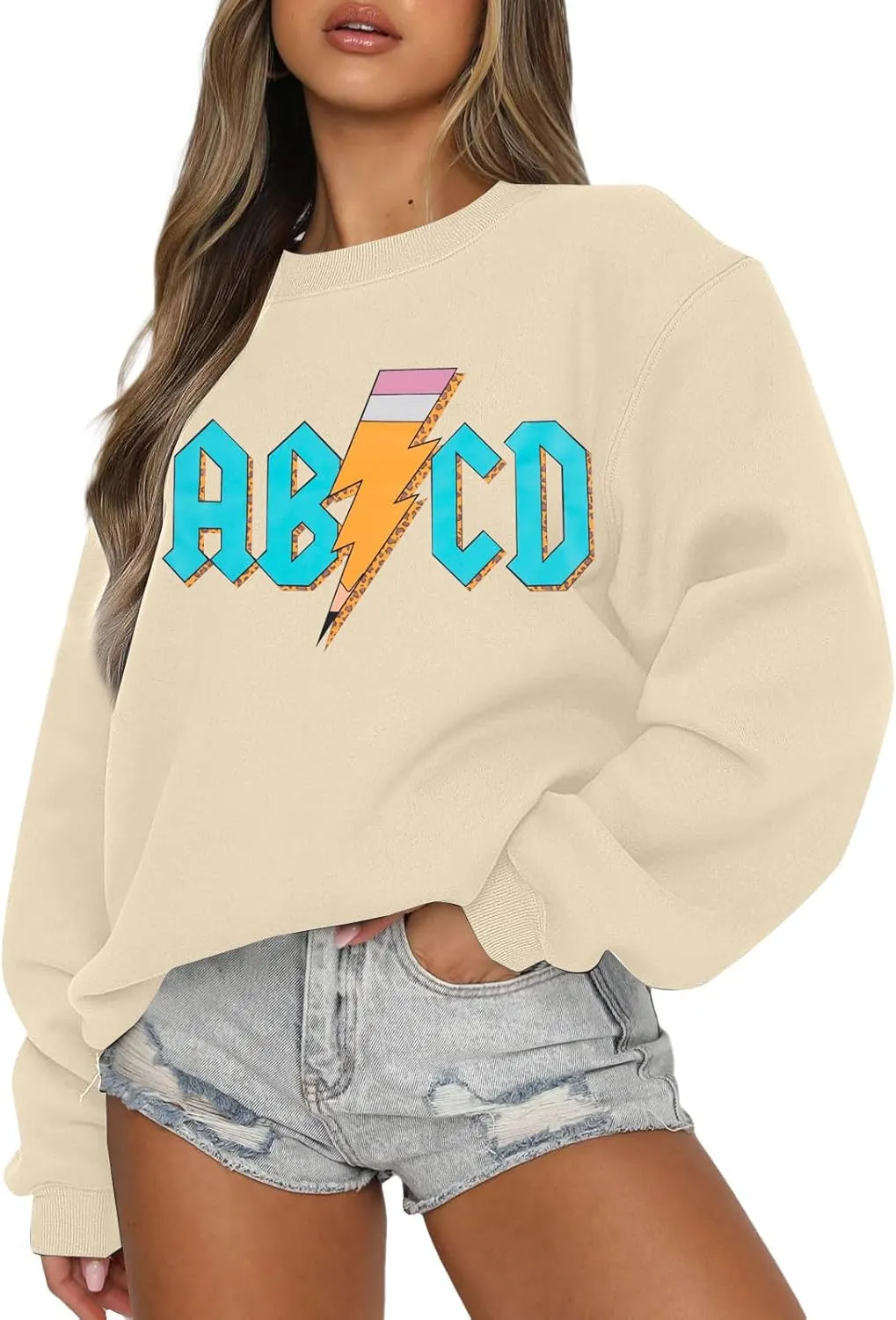 MAXIMGR Teacher Sweatshirt Women Oversized Rock'n Roll Sweatshirt ABCD Alphabet Graphic Back to School Pullover Top