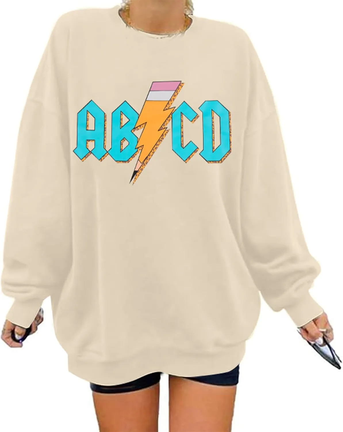 MAXIMGR Teacher Sweatshirt Women Oversized Rock'n Roll Sweatshirt ABCD Alphabet Graphic Back to School Pullover Top