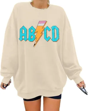 MAXIMGR Teacher Sweatshirt Women Oversized Rock'n Roll Sweatshirt ABCD Alphabet Graphic Back to School Pullover Top