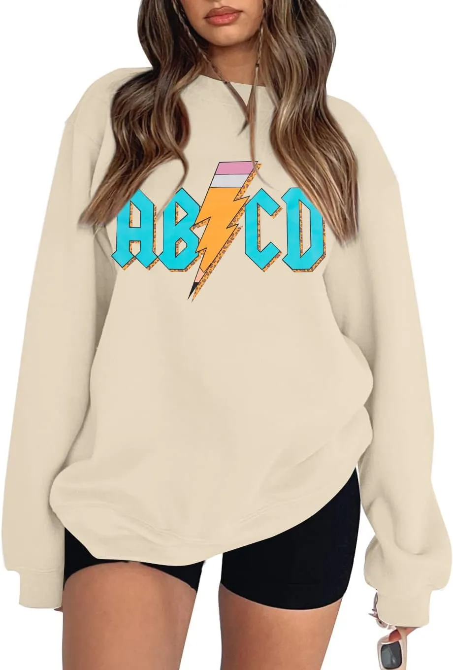 MAXIMGR Teacher Sweatshirt Women Oversized Rock'n Roll Sweatshirt ABCD Alphabet Graphic Back to School Pullover Top