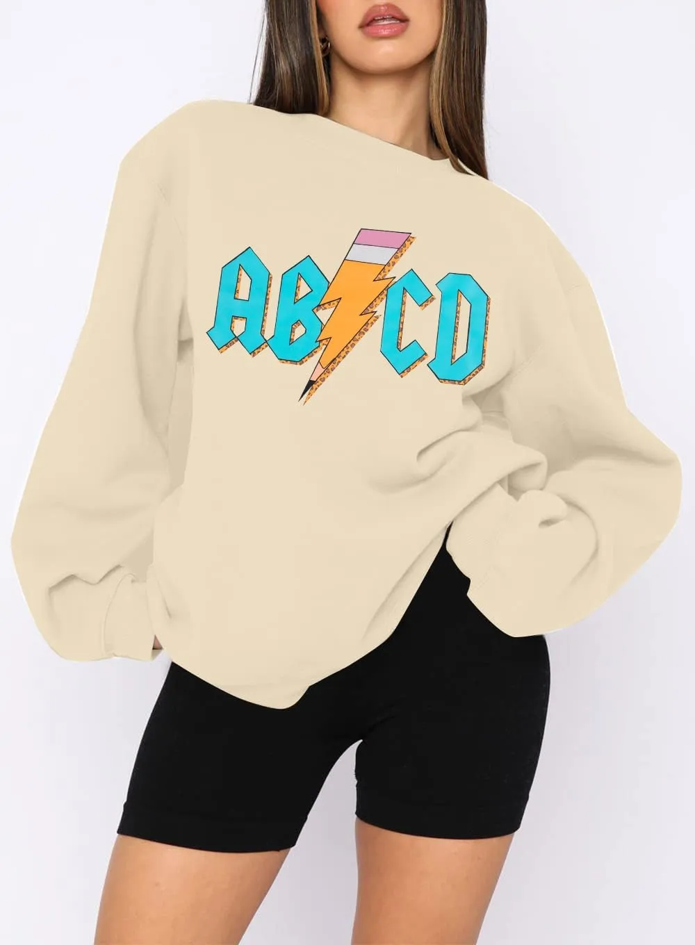 MAXIMGR Teacher Sweatshirt Women Oversized Rock'n Roll Sweatshirt ABCD Alphabet Graphic Back to School Pullover Top
