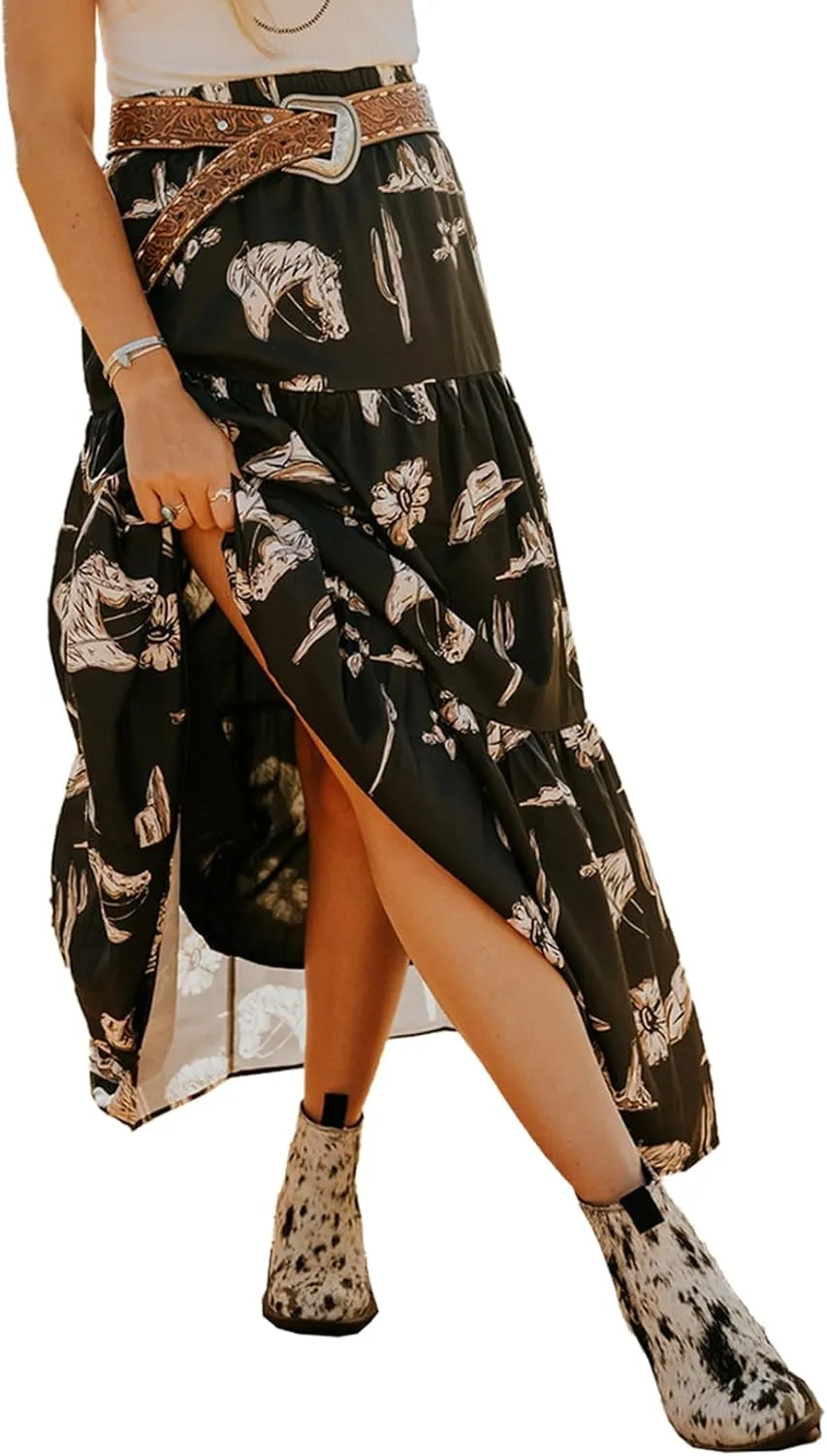 Melliflo Womens Black Western Print Tiered Ruffled Casual High Elastic Waist Skirt 2025 Spring Summer A-line Long Maxi Skirts