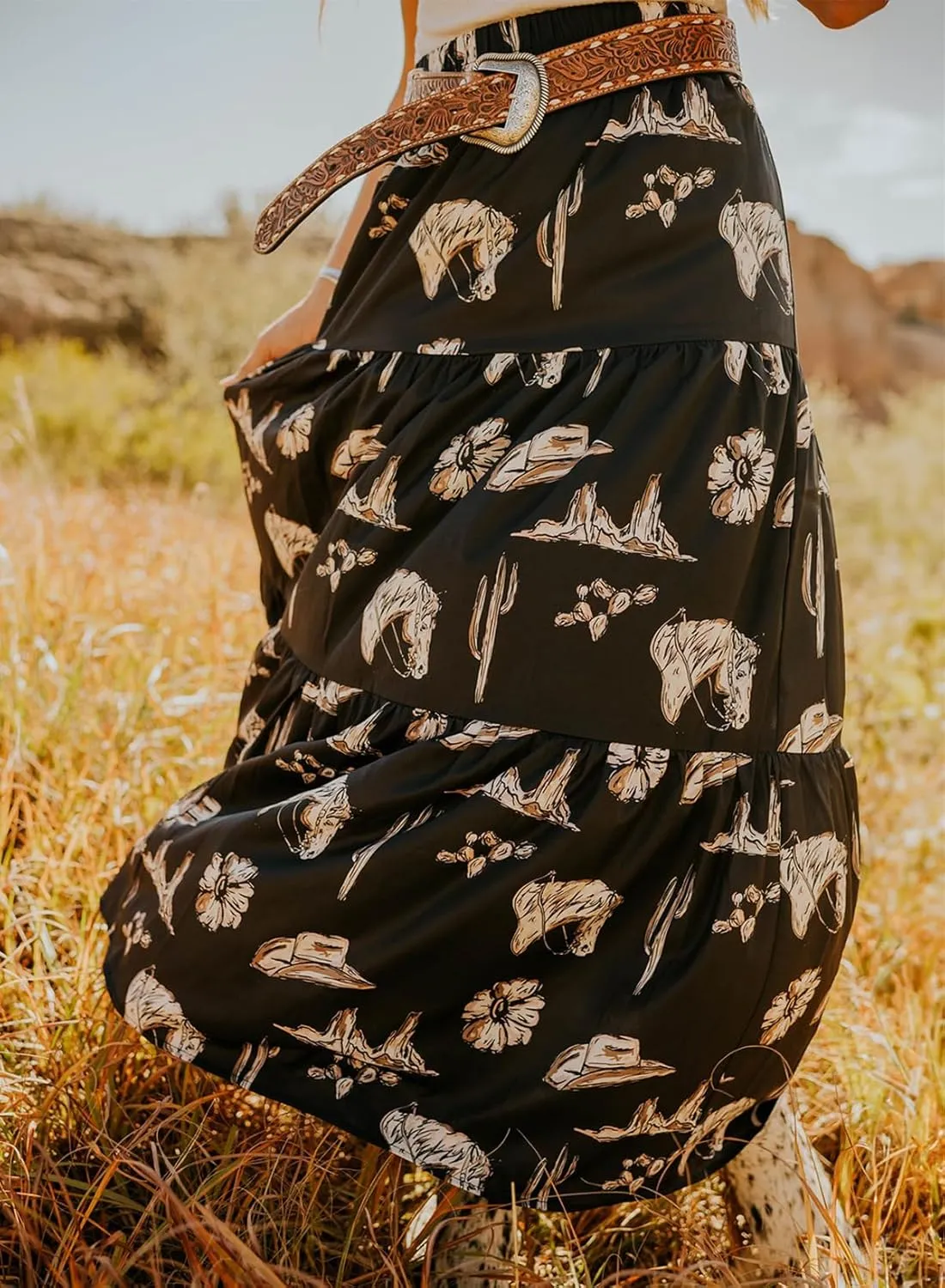 Melliflo Womens Black Western Print Tiered Ruffled Casual High Elastic Waist Skirt 2025 Spring Summer A-line Long Maxi Skirts