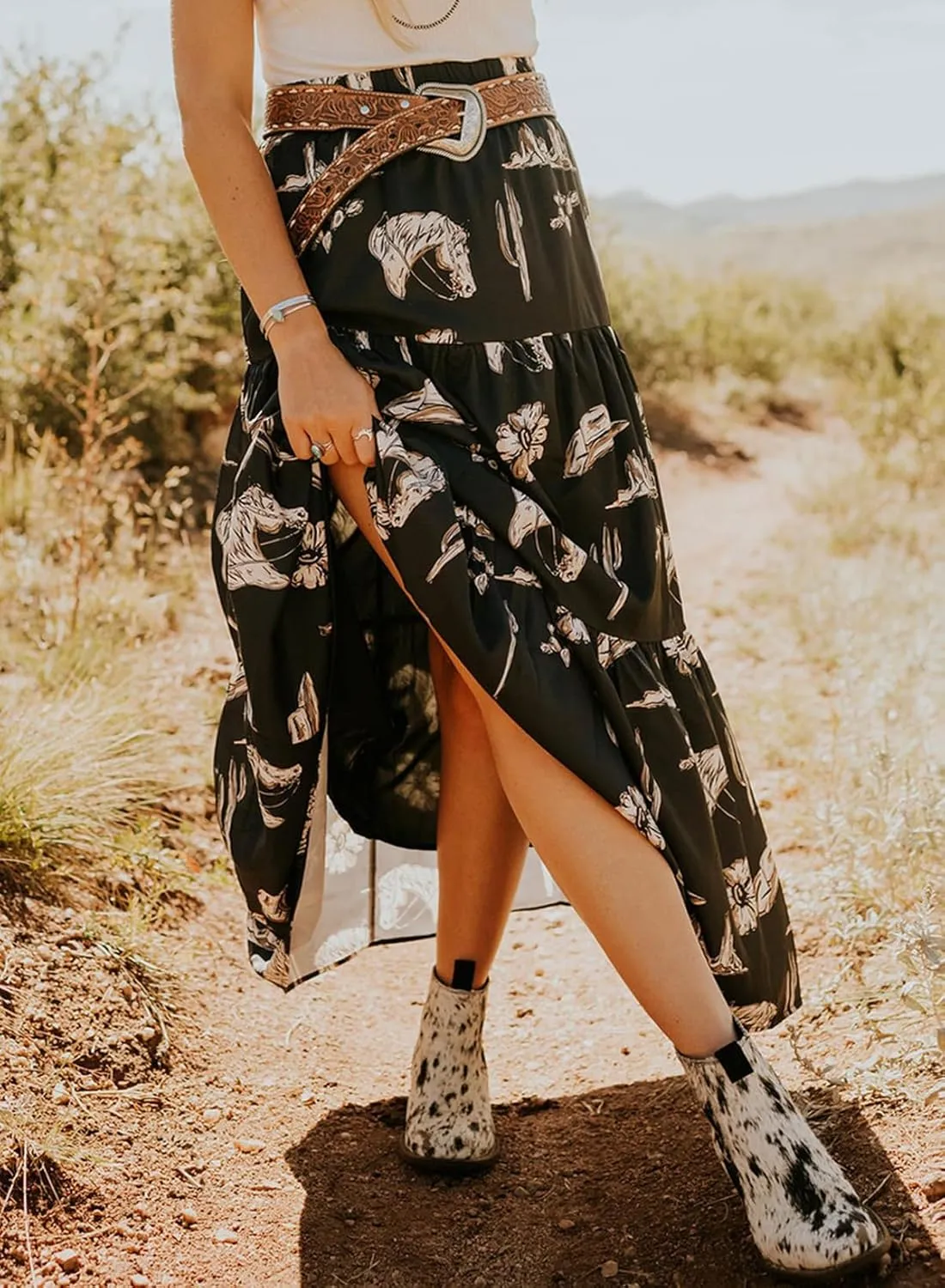 Melliflo Womens Black Western Print Tiered Ruffled Casual High Elastic Waist Skirt 2025 Spring Summer A-line Long Maxi Skirts
