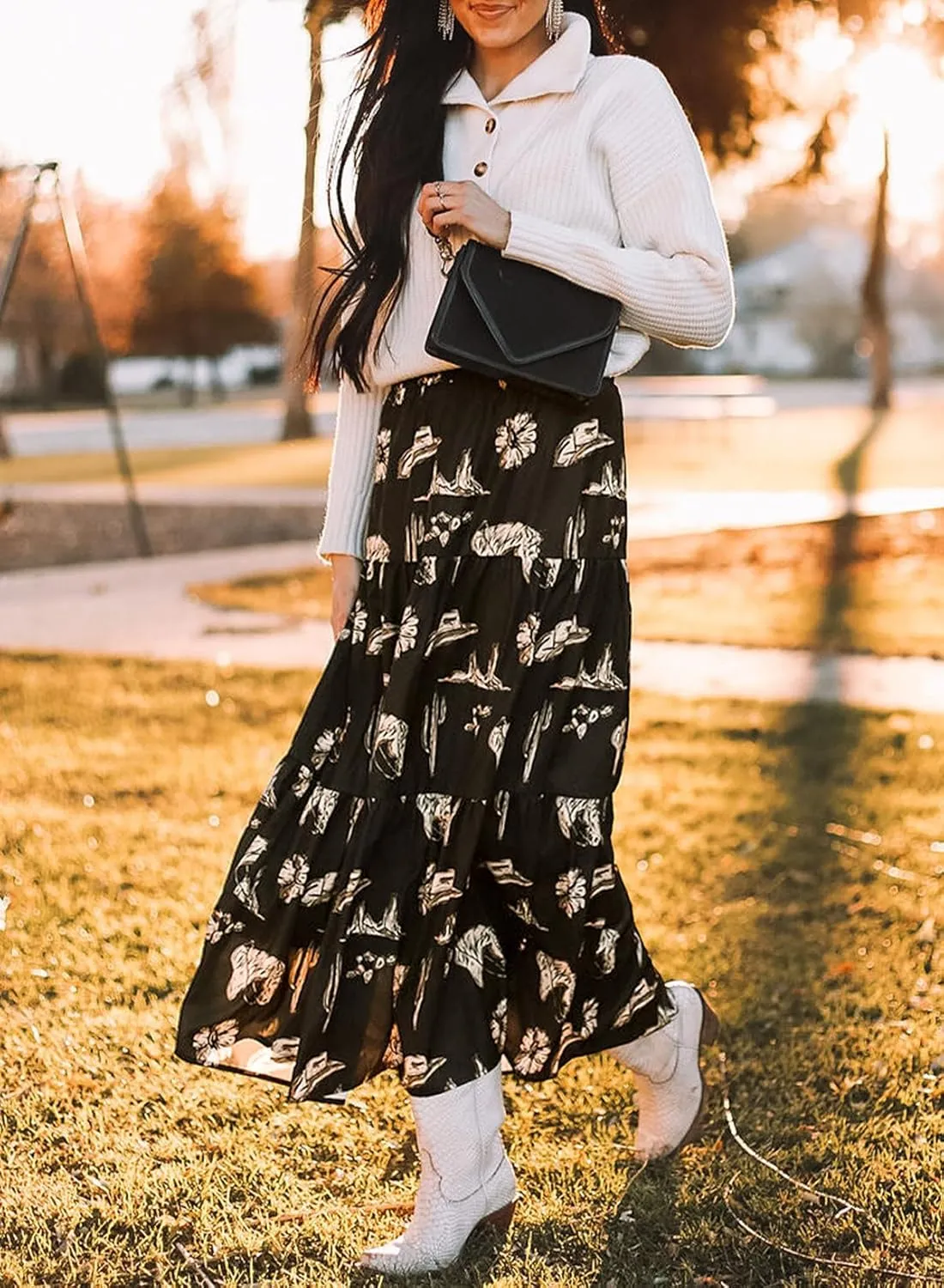 Melliflo Womens Black Western Print Tiered Ruffled Casual High Elastic Waist Skirt 2025 Spring Summer A-line Long Maxi Skirts