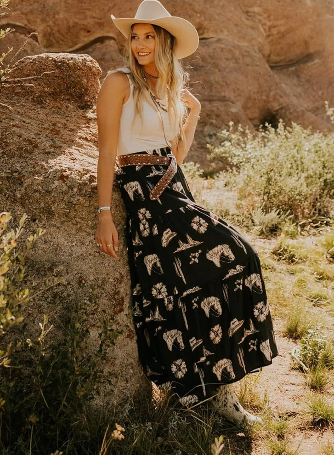 Melliflo Womens Black Western Print Tiered Ruffled Casual High Elastic Waist Skirt 2025 Spring Summer A-line Long Maxi Skirts