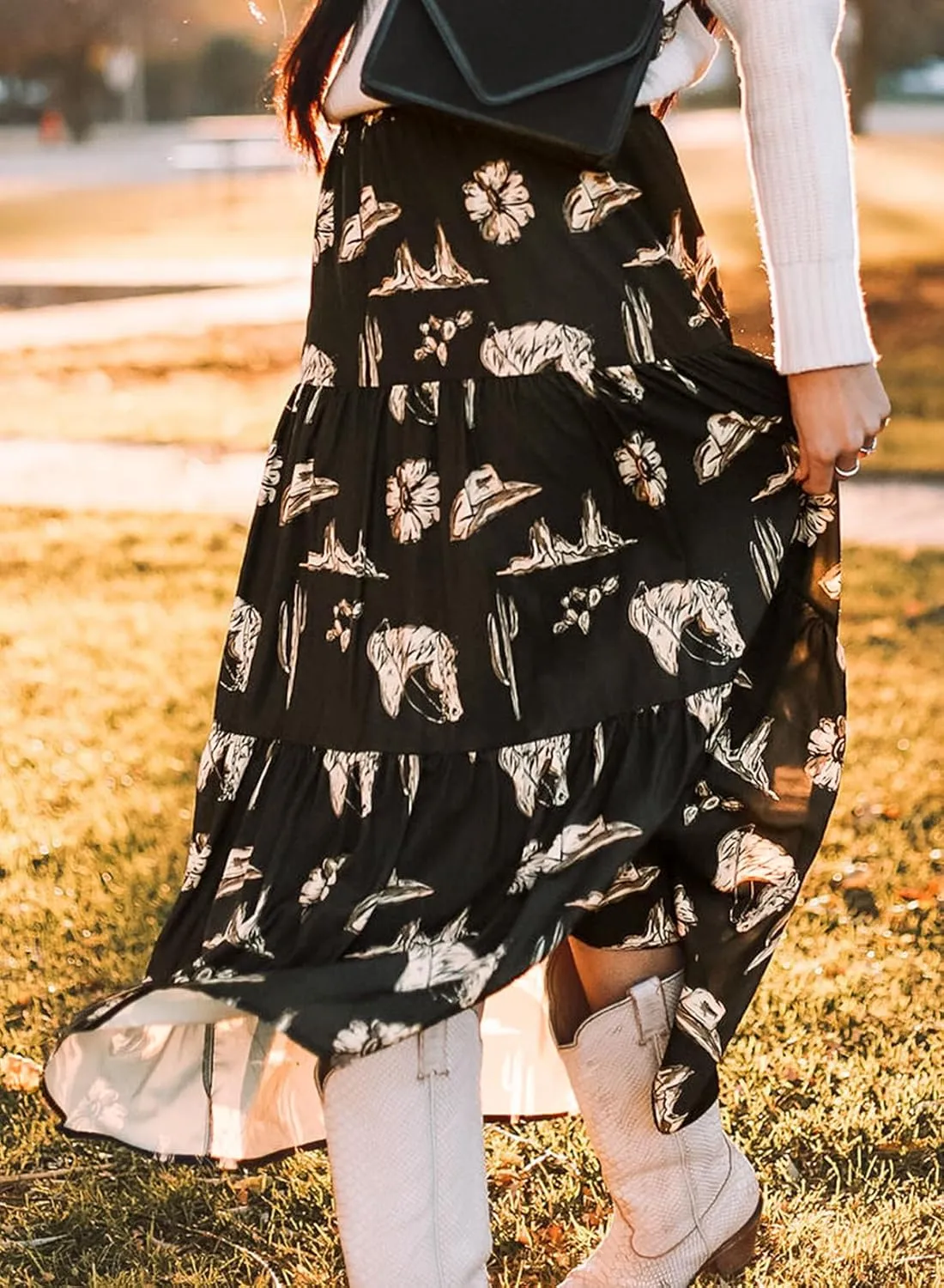 Melliflo Womens Black Western Print Tiered Ruffled Casual High Elastic Waist Skirt 2025 Spring Summer A-line Long Maxi Skirts