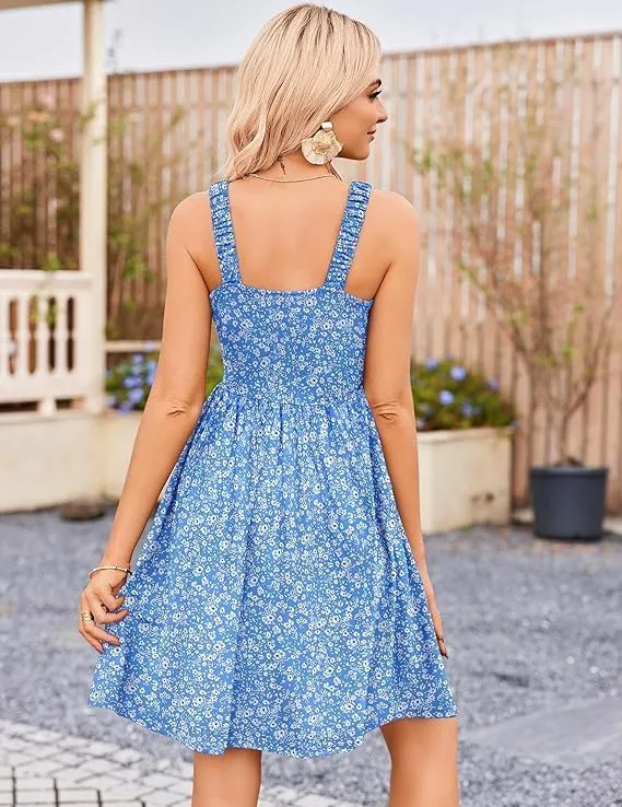 Melliflo Women's Summer Floral Mini Dress Square Neck Sleeveless Shorts Dresses Casual Pleated Beach Sundress with Pockets