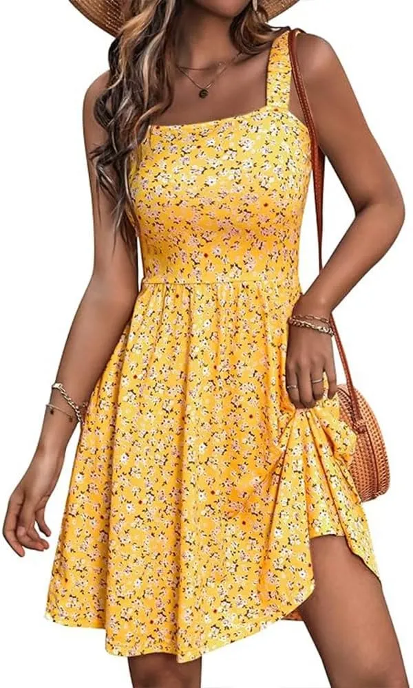 Melliflo Women's Summer Floral Mini Dress Square Neck Sleeveless Shorts Dresses Casual Pleated Beach Sundress with Pockets