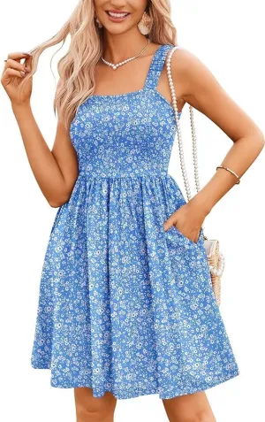 Melliflo Women's Summer Floral Mini Dress Square Neck Sleeveless Shorts Dresses Casual Pleated Beach Sundress with Pockets
