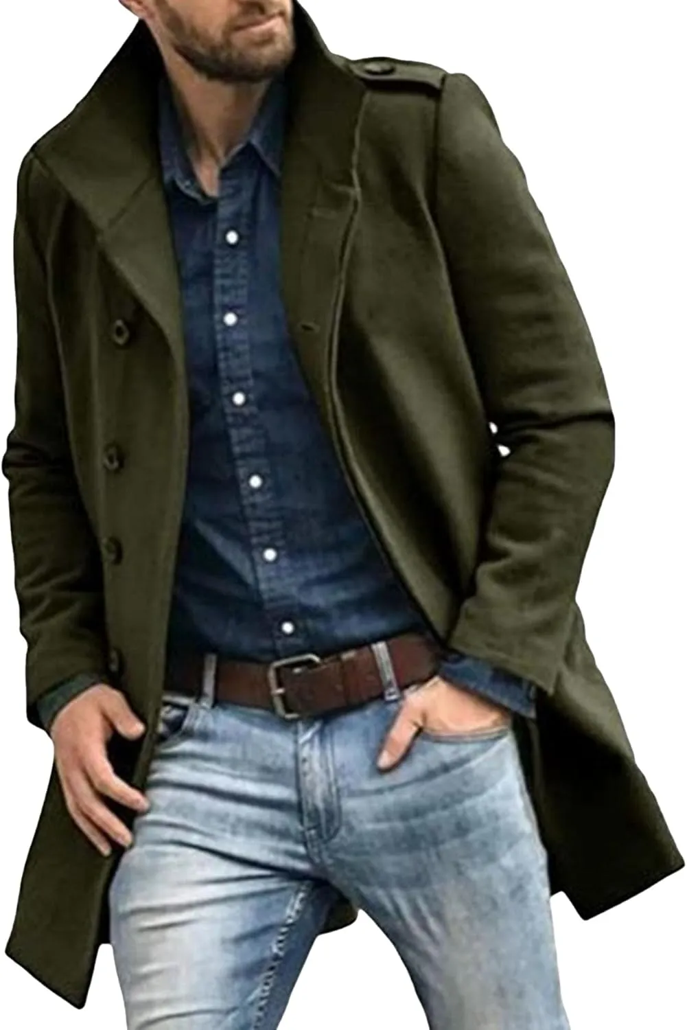 Men's Fall Winter Color Wool Coat Casual Single Breasted Pea Overcoat Slim Fit Notched Collar Trench Coats